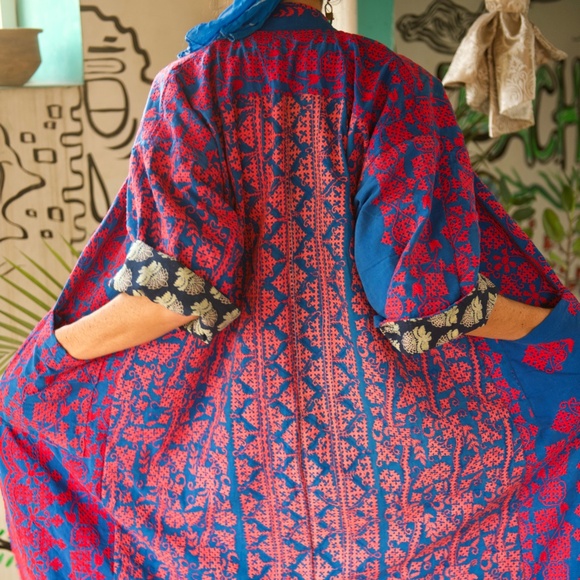 Reversible Pink and Blue Embroidered Long Robe Jacket from India - Picture 1 of 3